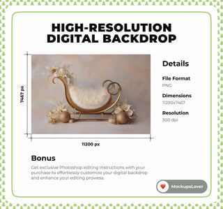 Newborn Digital Backdrop, Golden Santa Sleigh, Christmas Photo Background, Holiday Studio Baby Portrait Prop, Photoshop & Canva Template