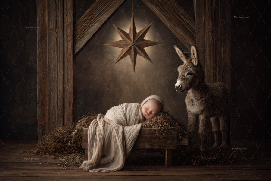 nativity stable scene with baby, holiday background, digital backdrop for photos