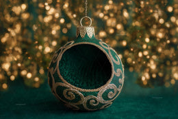 Newborn Digital Backdrop, Green Christmas Ball Cradle Photo Background, Holiday Baby Prop, Photoshop & Canva Template, Photo Editing