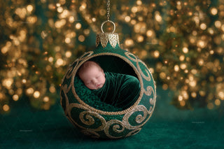 newborn baby in cradle with green christmas balls backdrop, holiday photo prop, photoshop & canva template