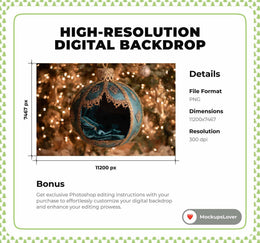 Golden Christmas Ball Newborn Digital Photo Background, Holiday Backdrop, Studio Baby Boy Girl Portrait Prop, Photoshop & Canva Template