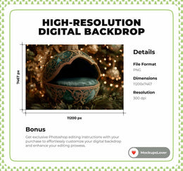 Golden Christmas Ornament Digital Backdrop, Newborn Photo Background, Holiday Studio Baby Portrait Prop, Photoshop & Canva Template