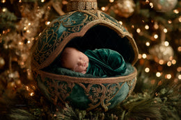 golden christmas ornament scene, ideal for holiday portraits and newborn photos, with a festive backdrop