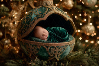 golden christmas ornament scene, ideal for holiday portraits and newborn photos, with a festive backdrop
