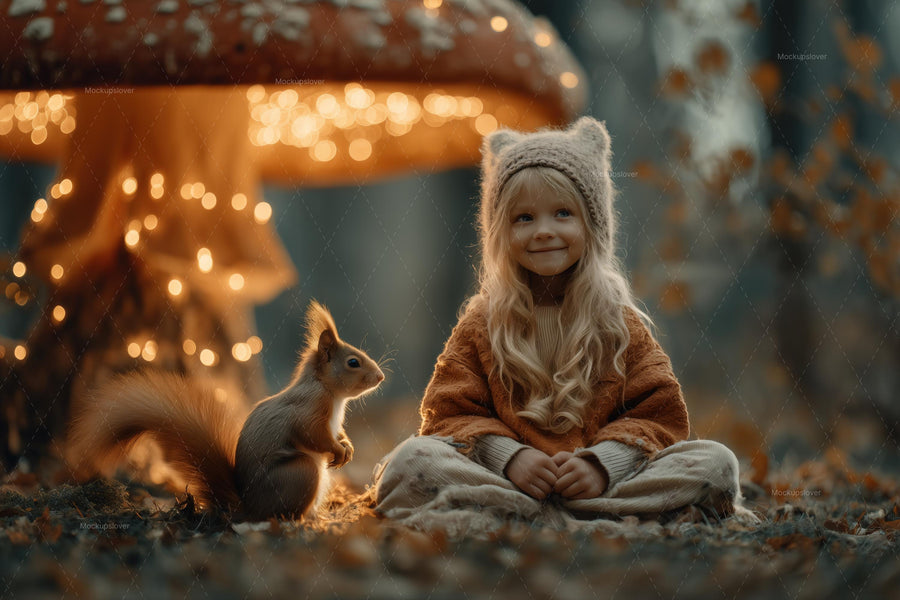 kids scene with woodland creatures and autumn forest background, ideal for fall photo props