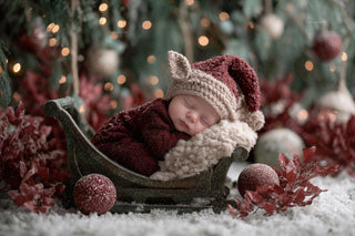 newborn in santa sleigh overlay with christmas backdrop, digital studio template for holiday photos