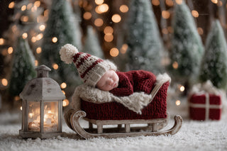 santa sleigh scene with winter backdrop, ideal for holiday newborn photos