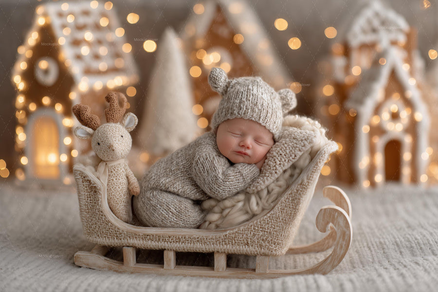 newborn baby in christmas scene with gingerbread house backdrop, face swap overlay, holiday prop, photoshop & canva template