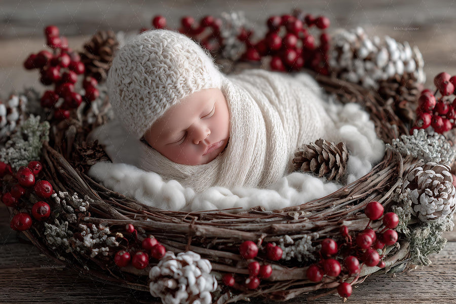 newborn in christmas digital backdrop, winter wonderland setting, holiday baby portrait prop with face swap overlay