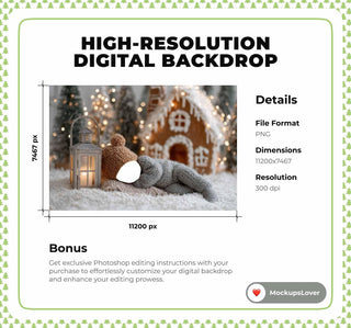 Christmas Newborn Digital Backdrop, Teddy Bear Face Swap Overlay, Gingerbread House Photo Background, Holiday Baby Prop, Photoshop Template