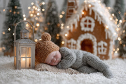 christmas baby scene with gingerbread house overlay and holiday backdrop