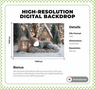 Newborn Christmas Digital Backdrop, Face Swap Overlay, Gingerbread House Background, Woodland Baby Prop, Lantern, Photoshop & Canva Template