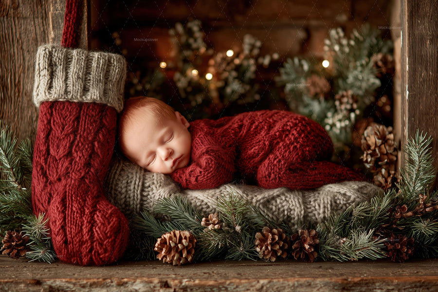 baby face swap overlay on cozy christmas backdrop, ideal for holiday newborn photos