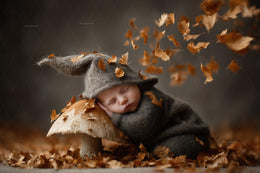 newborn in fantasy forest with woodland creatures, magic mushroom, fall leaves, perfect for baby photography props