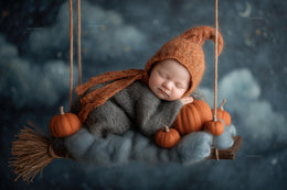 baby face swap backdrop with pumpkins, moon, and witch broom for newborn photography