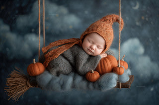 baby face swap backdrop with pumpkins, moon, and witch broom for newborn photography