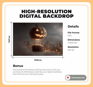 Newborn Digital Photography Background, Jack o Lantern Hot Air Balloon, Pumpkin Backdrop, Halloween Village, Baby Prop, Photoshop Template