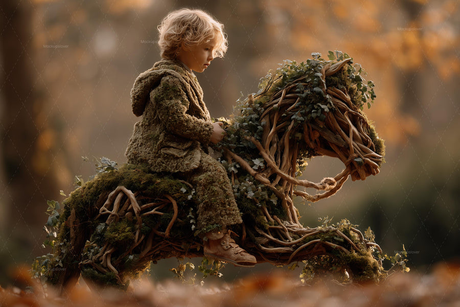 autumn forest with rocking horse and colorful fall leaves, perfect for kids' photo props