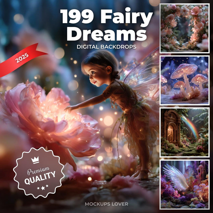 scene of a dreamy fairy garden with flowers and fairy wings, perfect as a digital backdrop for fairy photography