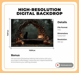 Gothic Halloween Forest Arch Digital Background, Haunted Forest, Black Cat, Pumpkins, Lantern Backdrop, Children Creative Composite Prop