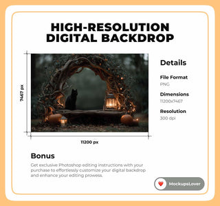 Gothic Halloween Forest Arch Digital Background, Haunted Forest, Black Cat, Pumpkins, Lantern Backdrop, Children Creative Composite Prop