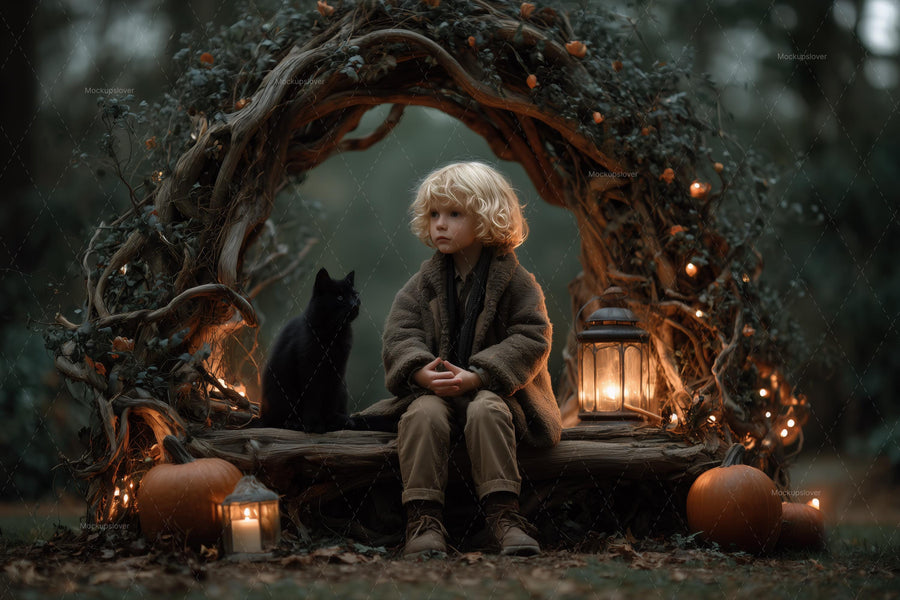 gothic halloween forest scene with black cat and pumpkins, ideal for spooky photo shoots