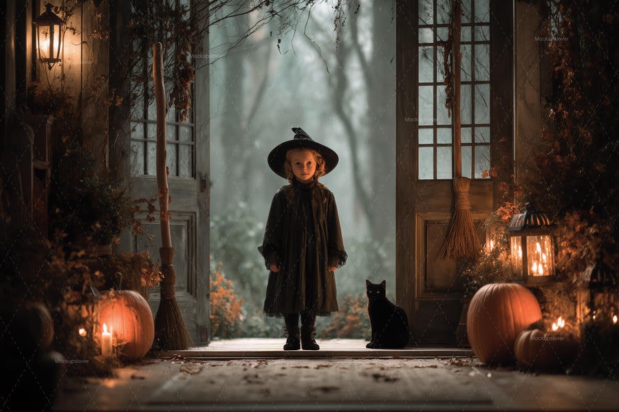 spooky halloween scene with haunted house, pumpkins, lantern, black cat, and witch broom for digital backgrounds