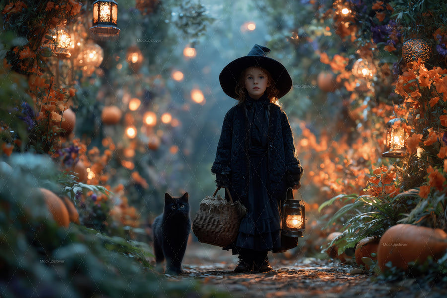 black cat sitting among pumpkins and lanterns in a fall fantasy forest, perfect halloween digital photography backdrop