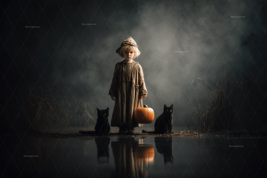 black cat in haunted forest halloween backdrop with spooky fall elements