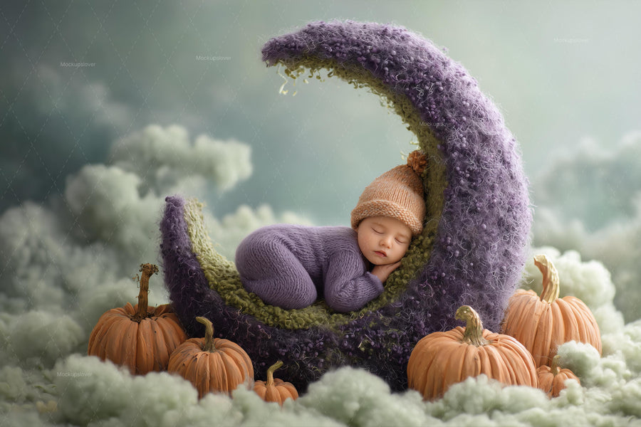 cute halloween scene with pumpkins, crescent moon, clouds, night sky, ideal for digital photography backgrounds