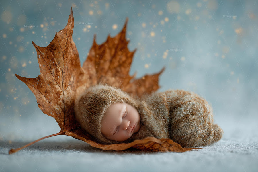 baby with giant autumn leaves, perfect for newborn photo backdrop and overlay