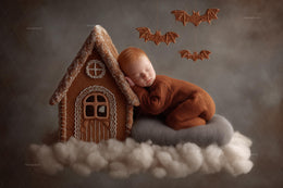 baby with gingerbread house halloween backdrop, digital photography prop, dreamy studio scene