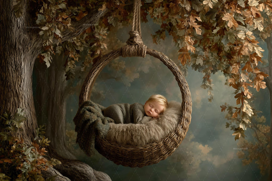 woodland baby scene with autumn leaves, perfect for newborn photography backdrop, studio or outdoor use