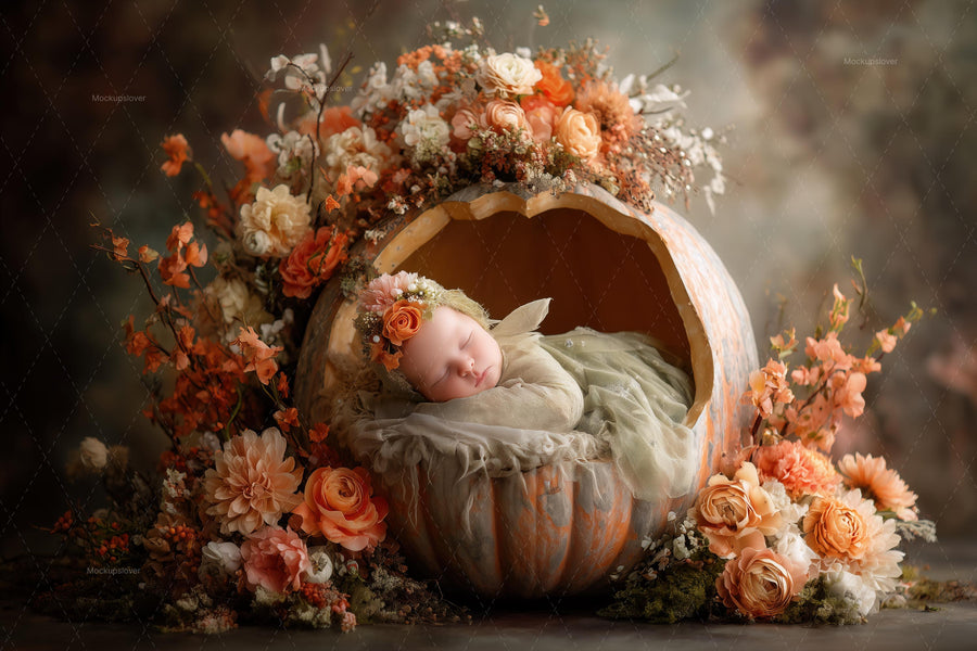 baby in cradle with giant pumpkin backdrop, festive fall scene, suitable for newborn and holiday photography