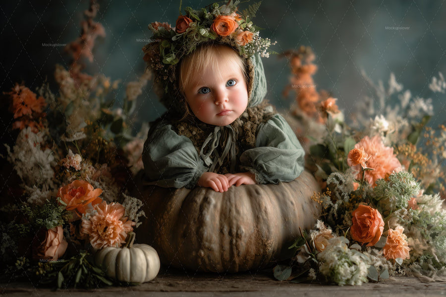 baby with fall leaves and rustic backdrop, perfect for newborn photo shoots