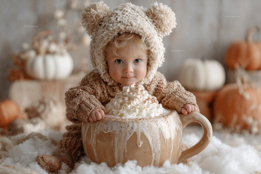 baby with teddy bear in autumn pumpkin scene, digital backdrop for newborn photography