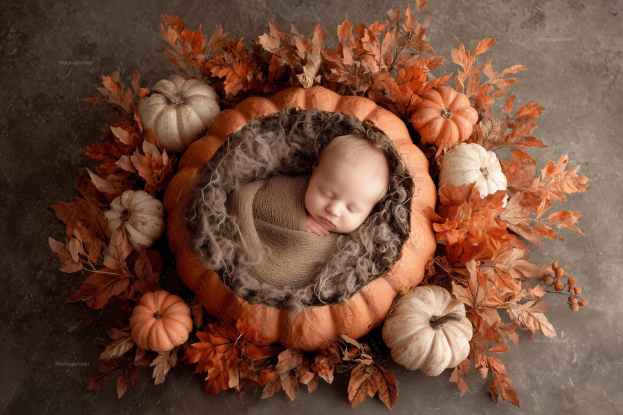 baby with autumn leaves and pumpkin backdrop, digital studio scene for newborn photography