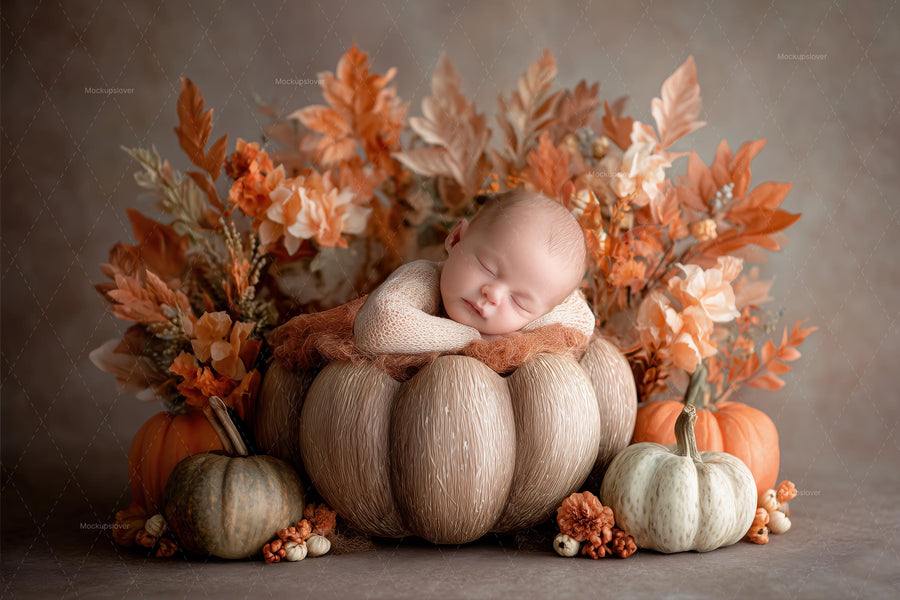 woodland pumpkin scene with fall leaves, ideal for newborn photography backdrop