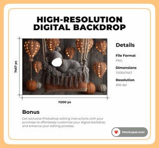 Cute Halloween Digital Backdrop, Face Swap Overlay, Studio Photo Background, Hot Air Balloon, Baby Portrait Prop, Photoshop & Canva Template