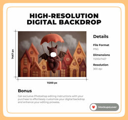 Cute Newborn Digital Photography Background, Halloween Village Backdrop, Bat Face Swap Overlay, Hot Air Balloon, Photoshop Template