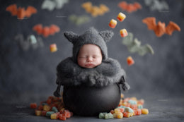 baby in halloween candyland scene with witch cauldron, face swap overlay, and trick or treat theme