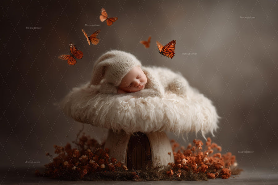 woodland baby scene with mushrooms and fantasy forest elements, perfect for newborn photography