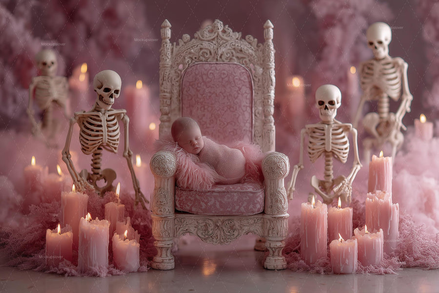 gothic halloween newborn scene with throne and skeletons, ideal for digital photo shoots