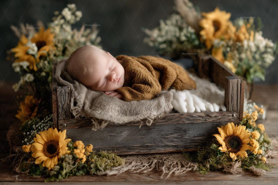 baby boy or girl in a rustic farm scene with sunflowers and wood bed, perfect for newborn photography
