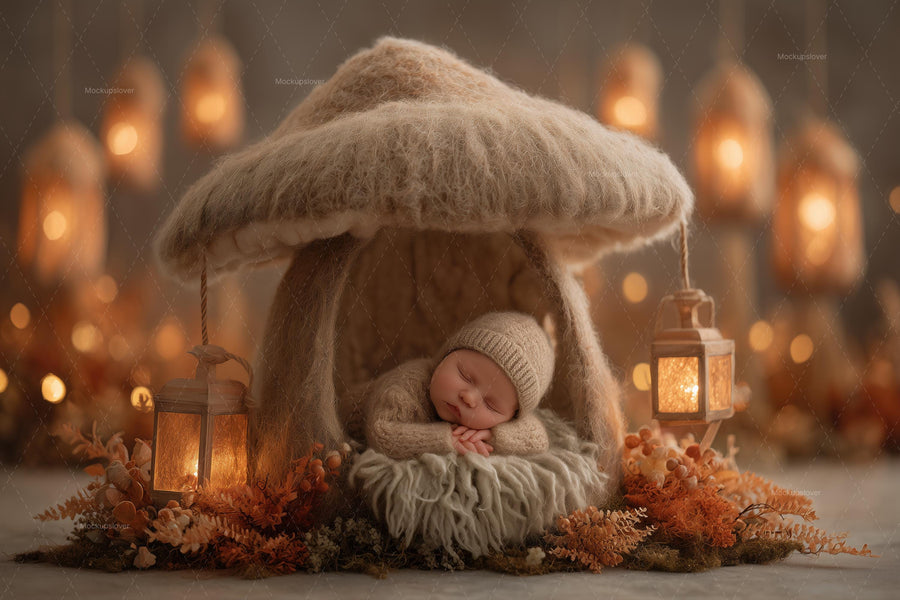 baby boy or girl in fairy tale forest scene, digital backdrop for newborn photography, photoshop template