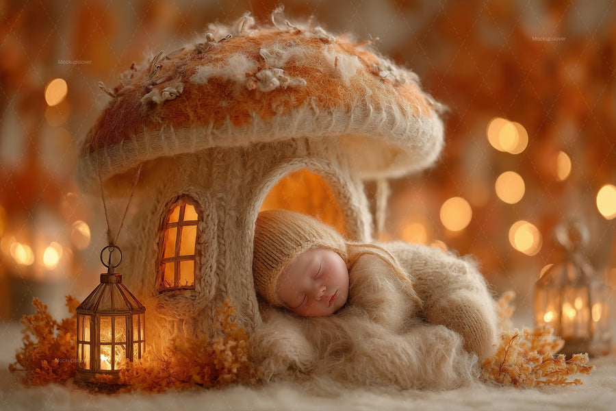 woodland baby backdrop with giant mushroom and lanterns, perfect for newborn photo sessions