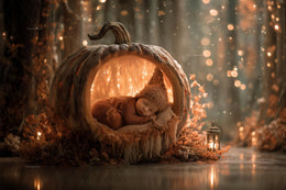 baby in fairy pumpkin scene, halloween fall backdrop for newborn photos, fantasy forest prop