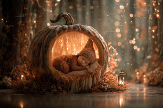 baby in fairy pumpkin scene, halloween fall backdrop for newborn photos, fantasy forest prop