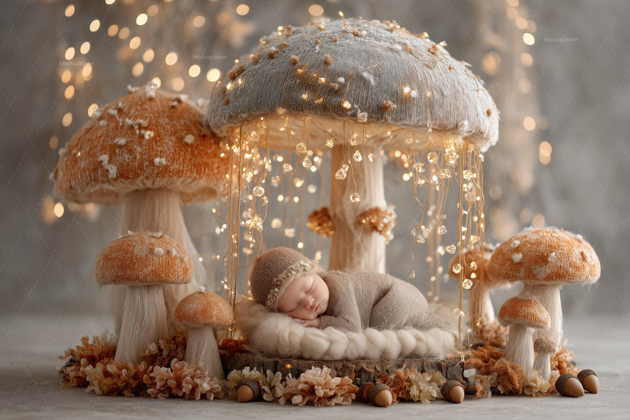 woodland baby with fairy and mushroom elements, ideal for newborn photography backdrop
