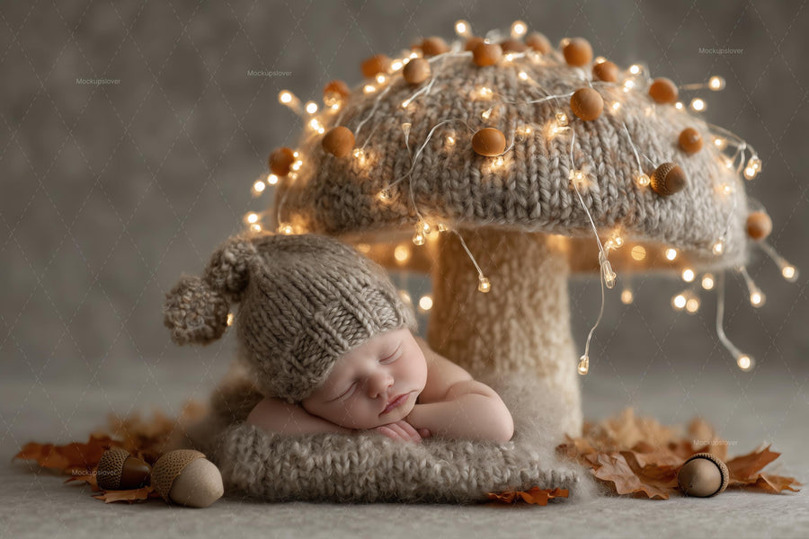 newborn in woodland autumn backdrop with giant mushroom and fantasy forest
